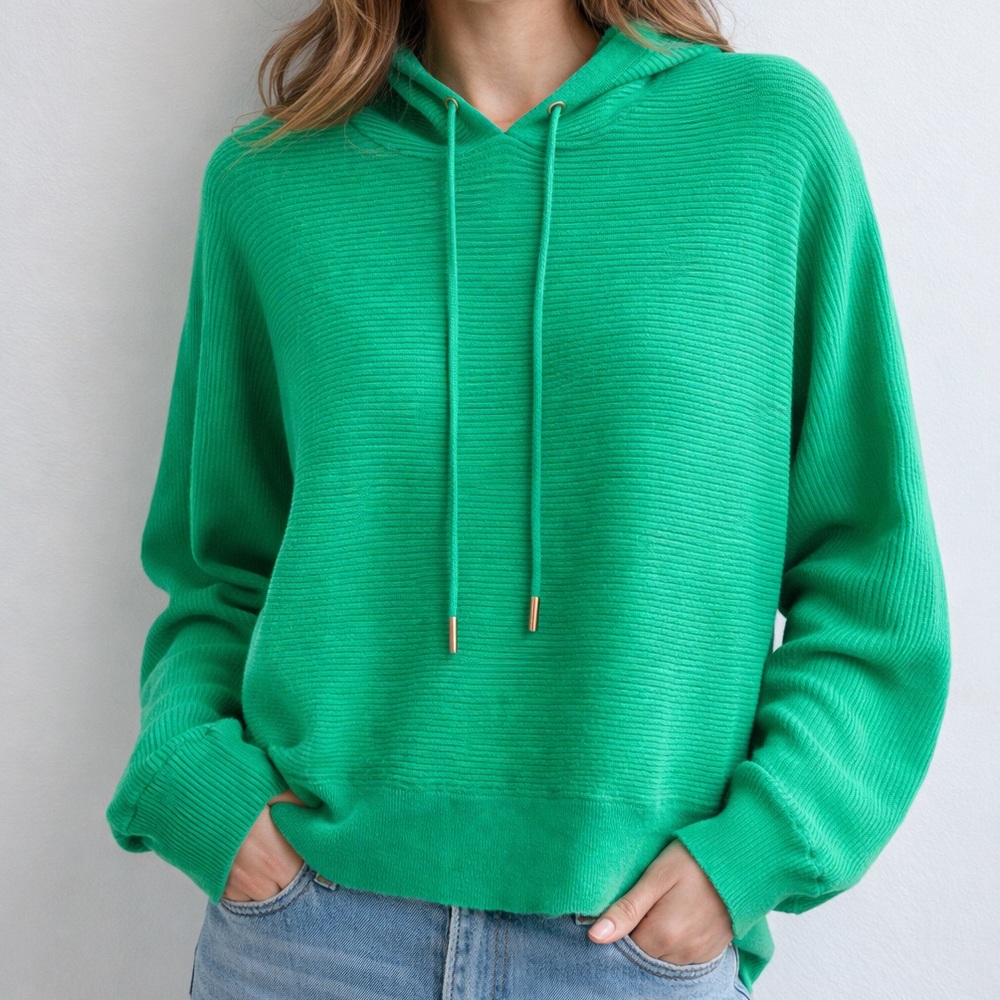 🆕🍏 Chelsea & Theodore Green Ribbed Knit Hoodie Sweater XL Dolman Sleeve Casual